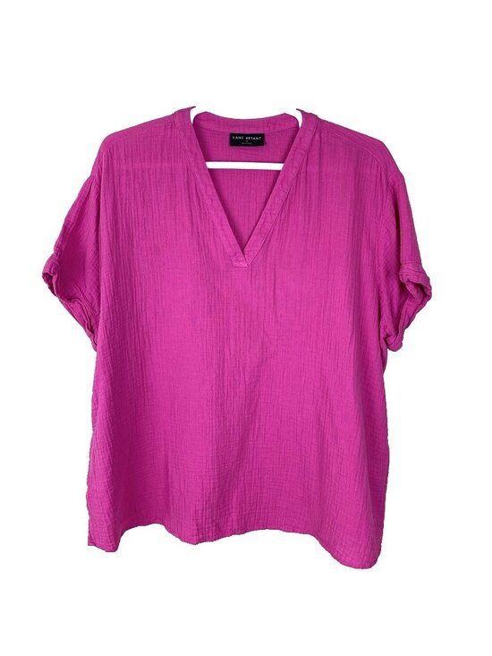 Lane Bryant Tops - Lane Bryant Blouse Womens 24 Short Sleeve Pink Guazy Beachy Boho V Neck Cotton